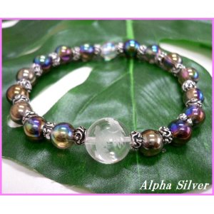 画像: 【alpha silver】天然石8mmブラックオーラ数珠ブレス彫り龍水晶付 サイズS/M/L